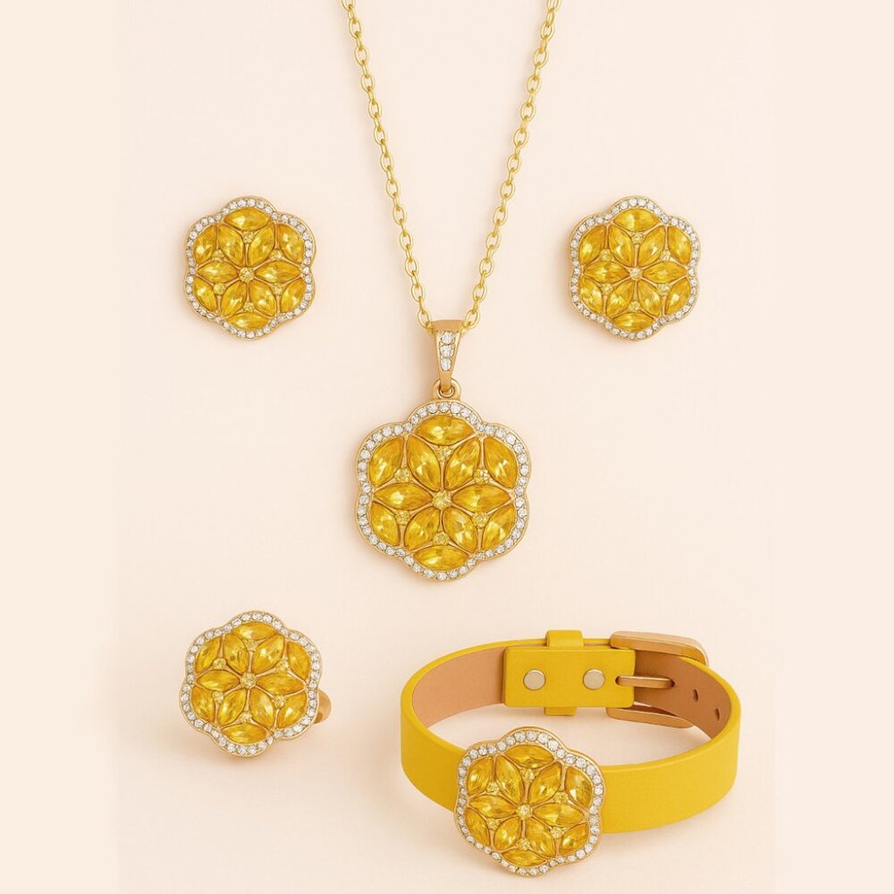 Gold tone Floral Crystal Jewelry Set – Bracelet, Earrings, Ring & Necklace NIB